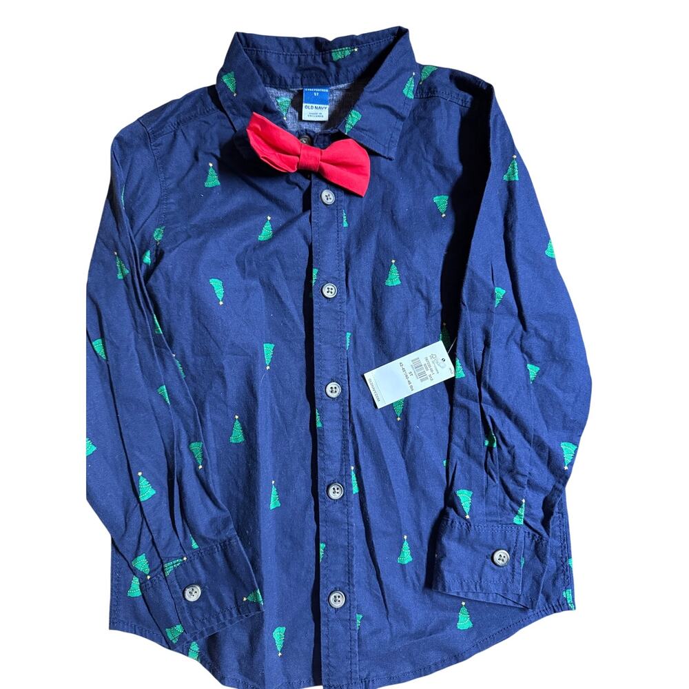 NEW Old Navy Blue button down with green trees and red bow tie shirt size 5